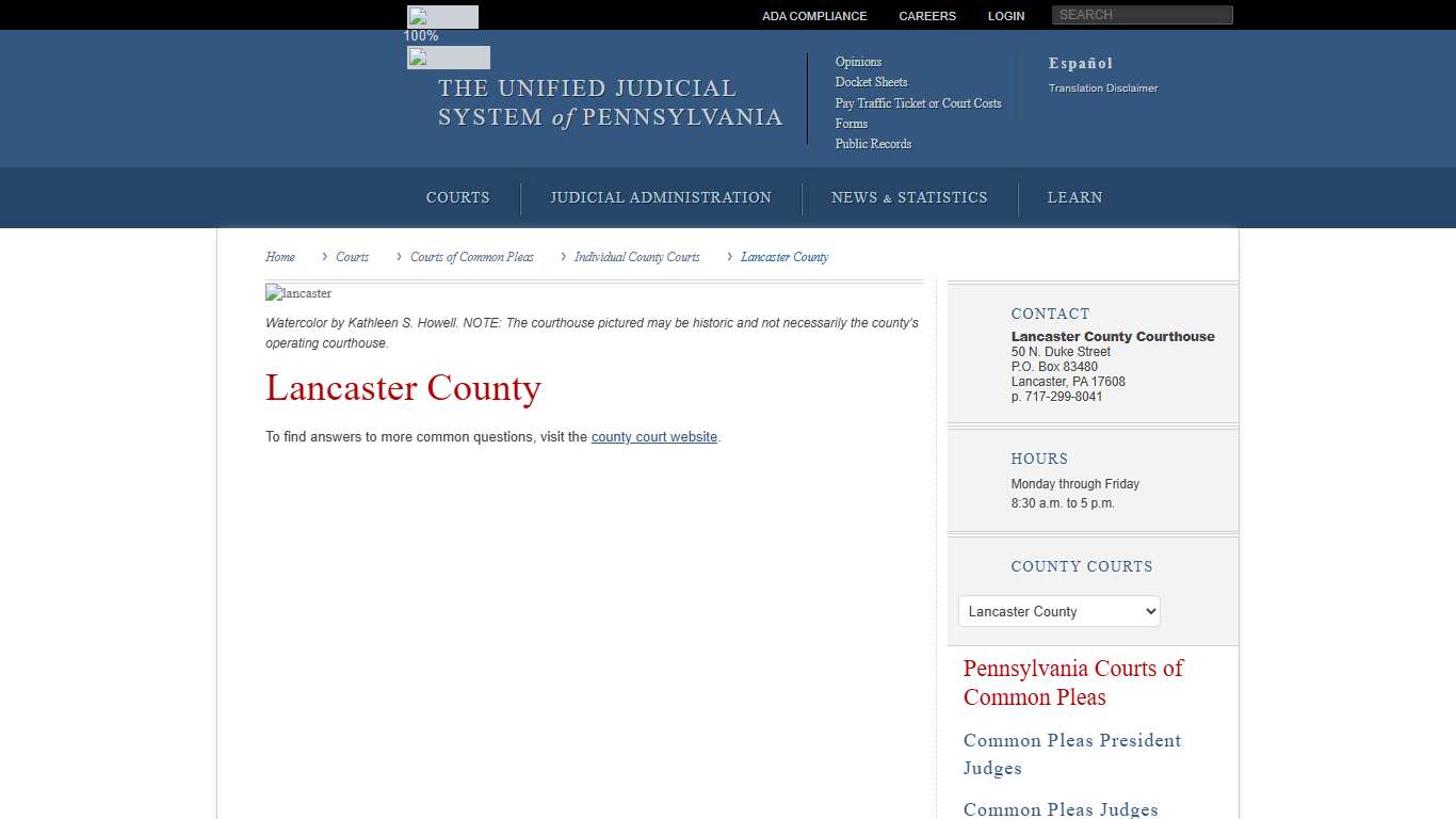 Lancaster County Individual County Courts Courts of Common Pleas Courts Unified Judicial System of Pennsylvania
